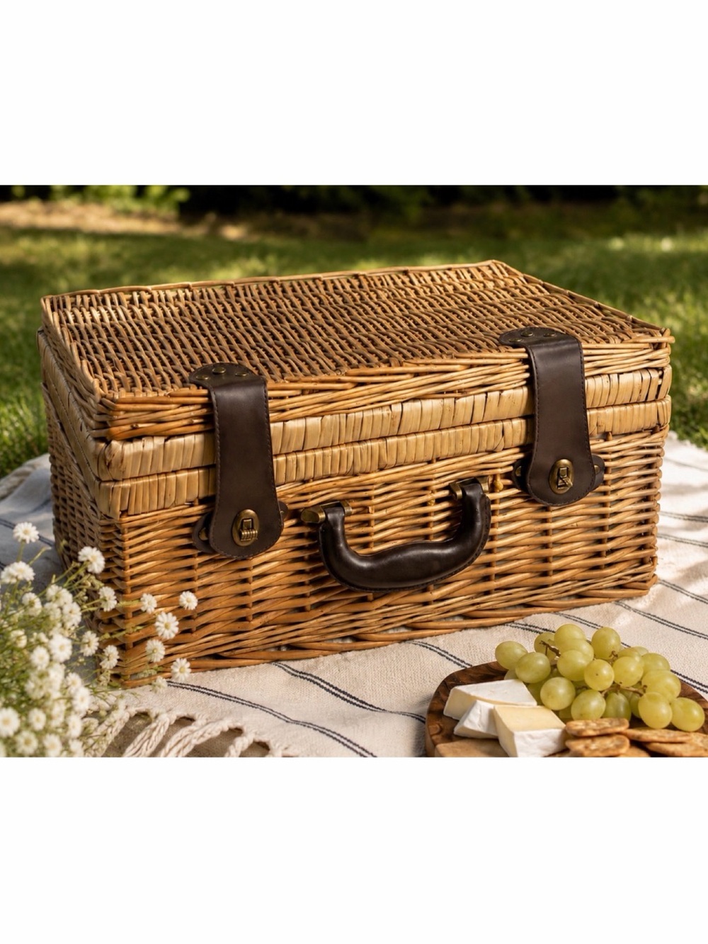 (VTG) Tan/Brown Insulated Woven Rattan Wicker Picnic Basket, OS
